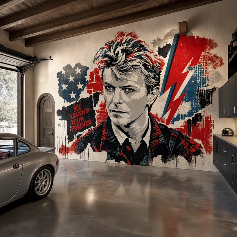 David Bowie mural concept visualized in a garage with a classic car
