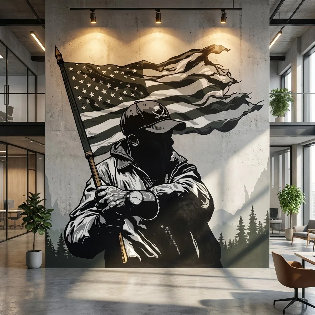 Visualization of flag artwork as a large mural in an office lobby